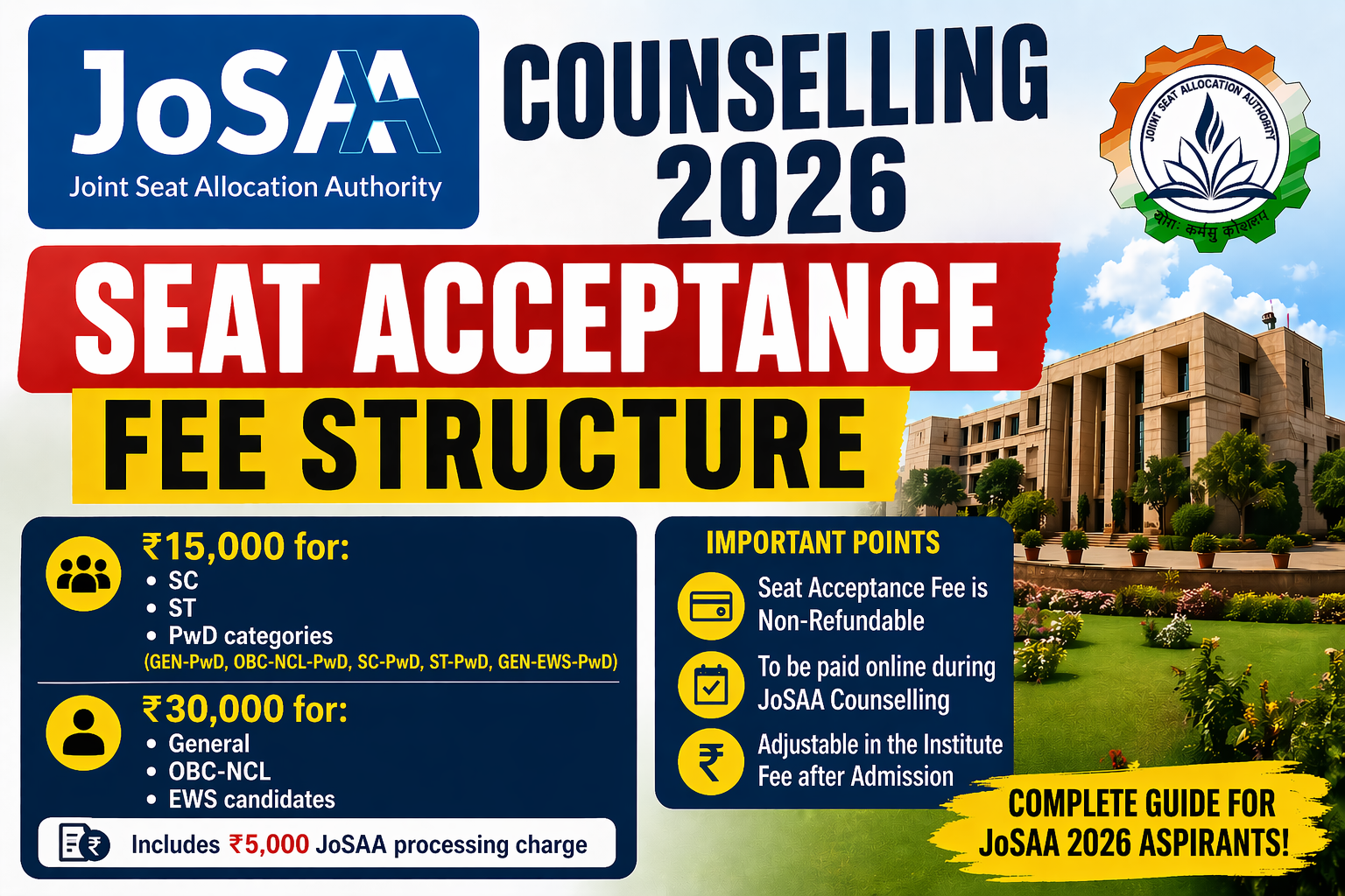 JoSAA Counselling 2026 Seat Acceptance Fee Structure.